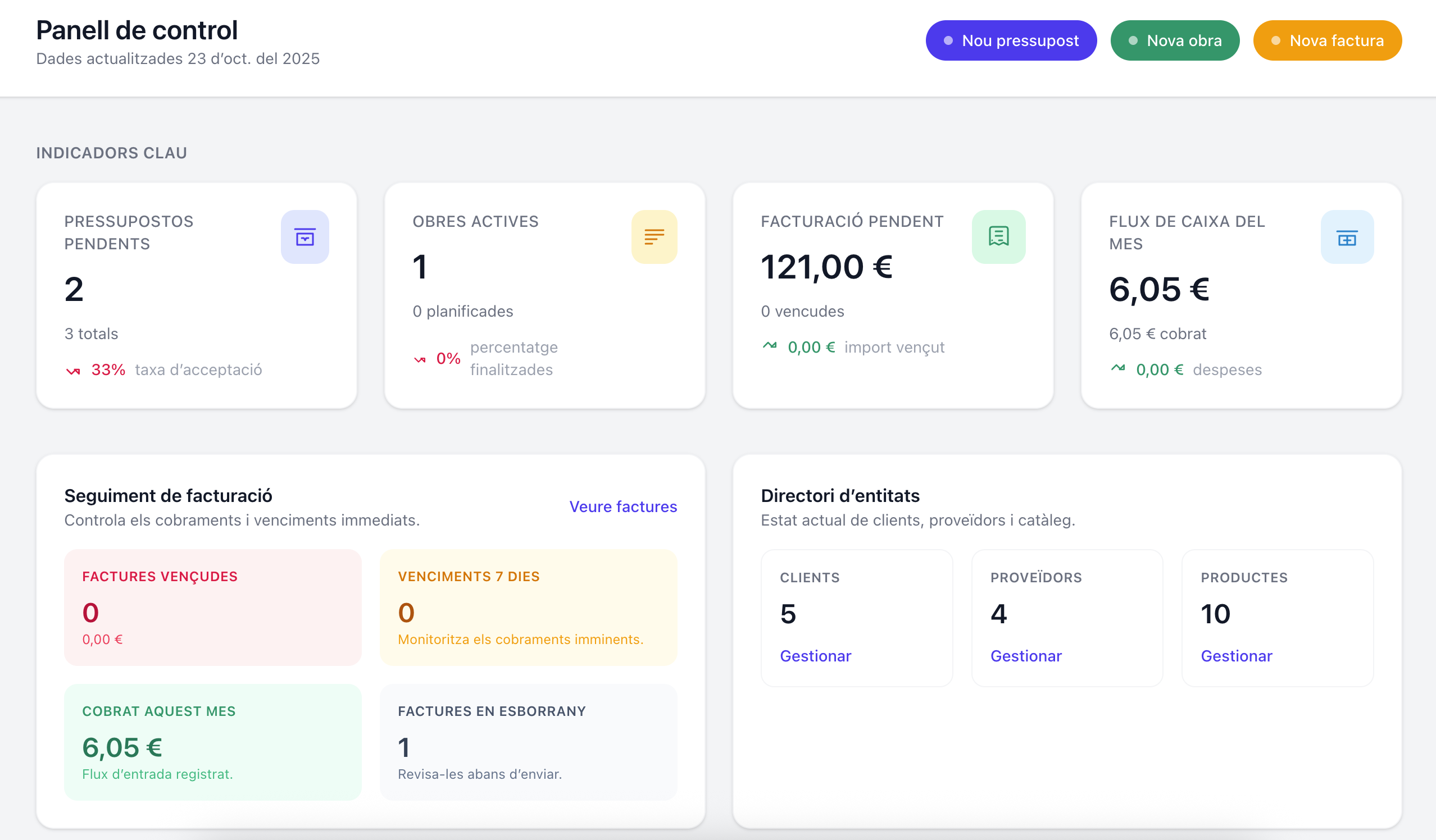 Captura del dashboard principal de ConstructPro